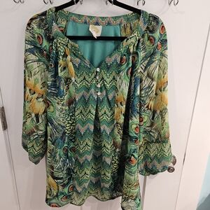 Fig and Flower Sz 1X Womens Semi Sheer Blouse 3/4 Sleeve Green Peacock Feather